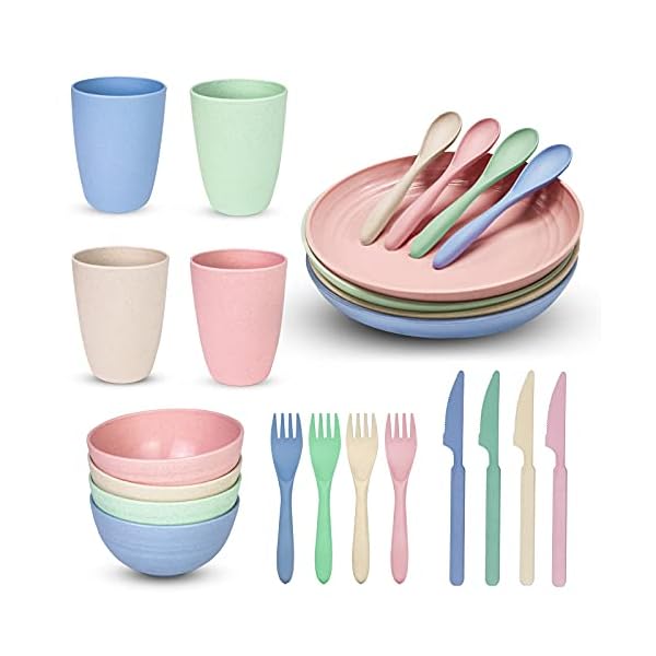 Surmounty Tableware Set 24 Pieces Camping Tableware Picnic Tableware Wheat Straw Dinner Service for 4 People Healthy Crockery Including Plates, Bowls, Cups, Forks, Spoons, Knives