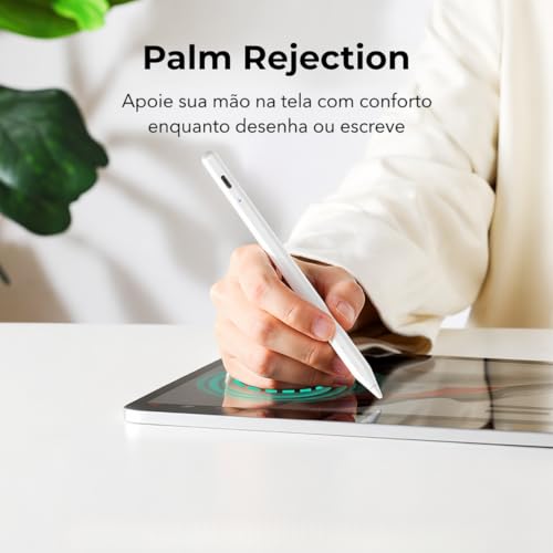 Caneta para iPad 2018-2026 Alta Precisão 1.0mm – Palm Rejection, Escrita Natural, Recarga Rápida USB-C, Fixação Magnética, Compatível com iPad Pro, Air, Mini e 6ª a 11ª Geração (Branca)