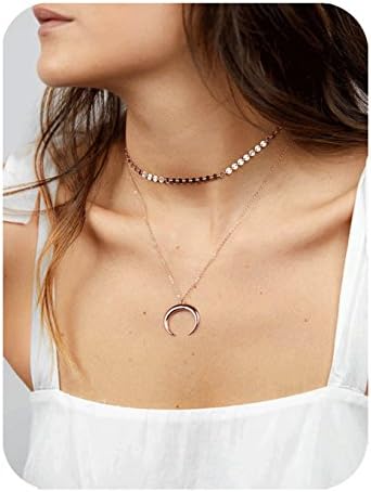 Defiro Layer Choker Gold Tone Coin Necklace Moon Pendant Charm Women Jewelry