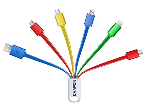 CHAFON Multi Charging Cable Short 3A,6 in 1 Multiple Charge Cord,USB 2.0 to USB C,Micro B,Mini B Connectors Replacment for Cell Phones Tablets,Power Bank and More,Multi-Color,5.3 inch