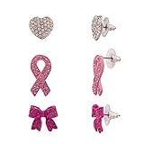 Lux Accessories Breast Cancer Awareness Believe Pave Crystal Box Heart Multiple Stud Earrings Set