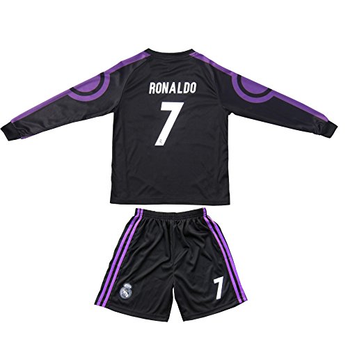 Real Madrid # 7 Ronaldo Kids Away Negro manga larga Soccer Jersey & pantalones cortos Youth tamaÃ±os