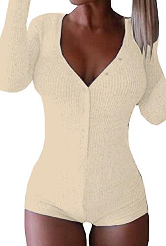 Women's Long Sleeve Bodysuit Polyester Cotton V-Neck top Leotard top Jumpsuit beige M