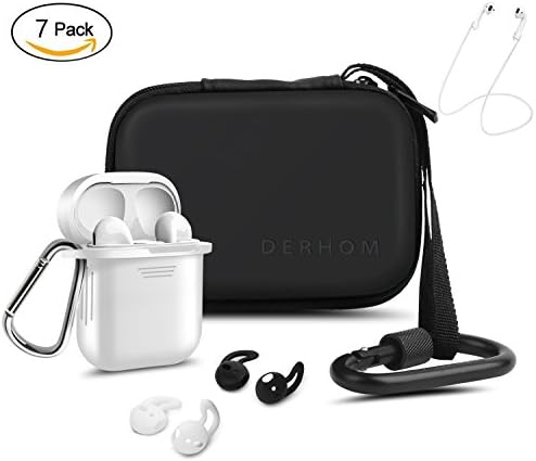 Airpods Accessories - Derhom Airpods Waterproof Silicone Hang Case Cover with Anti-lost Strap, Earhooks, Keychain, Headphone Accessories Storage Travel Bag for Apple Airpod (White)