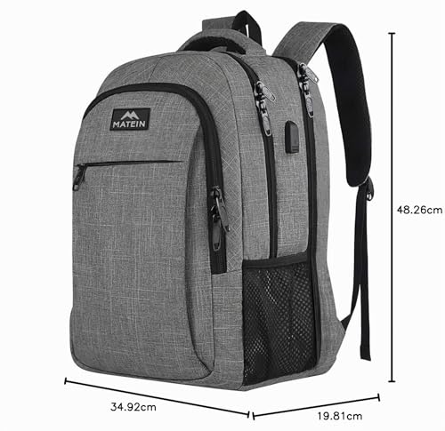 MATEIN 15.6 Inch Laptop Rucksack Multifunction Notebook Bag for Travel, Business, Work, Daypack with USB Charging Port, Gift for Men, Women, Grey