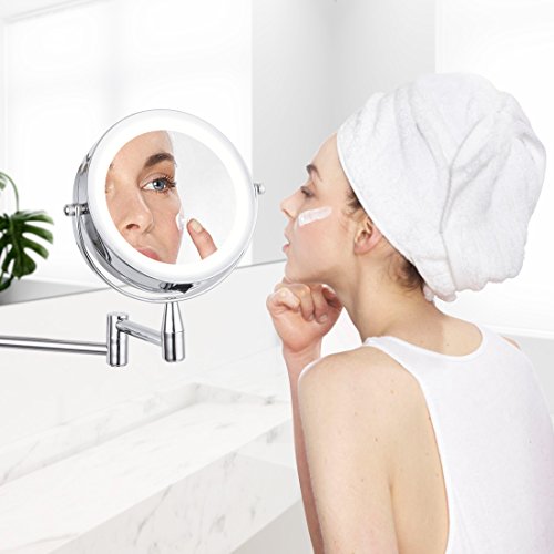 Led Cosmetic Mirror Wall Mounted, Double Side, 1X/3X Magnification, Adjustable, Rotating Function, Stainless Steel Lighted Vanity Mirror, Powered by 4 x AAA batteries (not included)