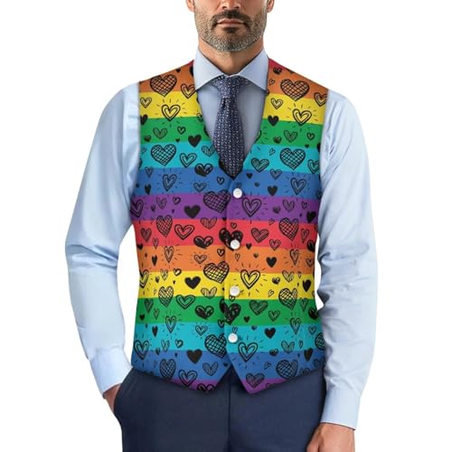 HUGS IDEA Rainbow Hearts Mens Formal Suit Vest with Buttons Slim Fit Waistcoat Vest for Men Halloween V-Neck Suit Vests for Tuxedo with Back Strap Wedding Waistcoats Size 2XL at Amazon