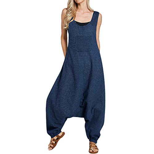 Jumpsuits for Women U Neck Romper Sleeveless Backless Side Pockets Sets Baggy Long Overalls (L, Blue) - Thumbnail 5