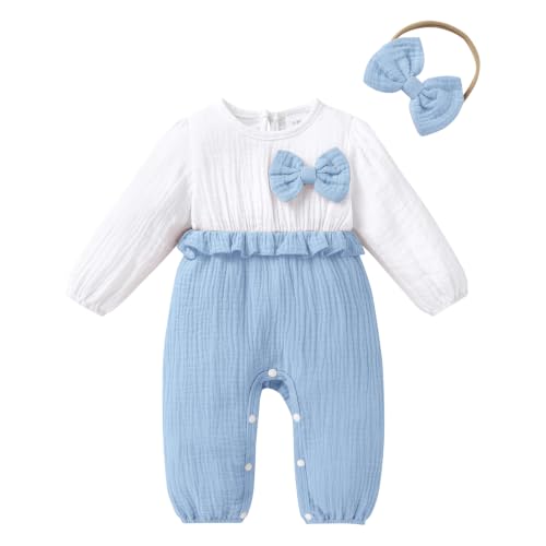 Happy Town Baby Girl Clothes Long Sleeve Romper 100% Cotton Outfits(Blue, 0-3 Months) at Amazon