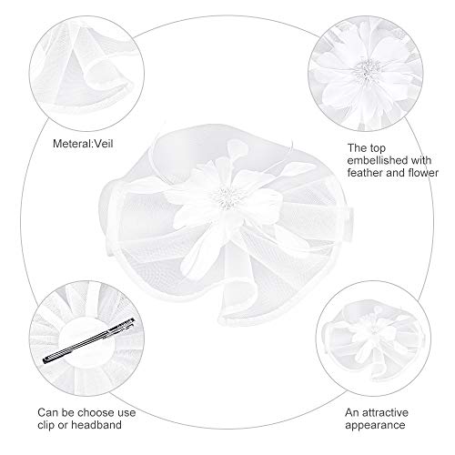 Fascinator Hat Jack & Rose Flower Feather Net Mesh Kentucky Derby Tea Party Headwear with Hair Clip and Hairband for Women or Girls (White)