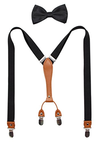 Biotetri Men Suspenders & Pre Tied Bowtie Set | Adjustable Straps, PU Leather (Black) - Thumbnail 4