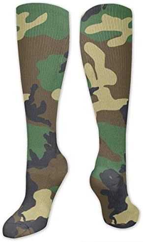 Army Green Camouflage Pattern Polyester Cotton Over Knee Leg High Socks Vintage Unisex Thigh Stockings Cosplay Boot Long Tube Socks for Sports Gym Yoga Hiking Cycling Running Football