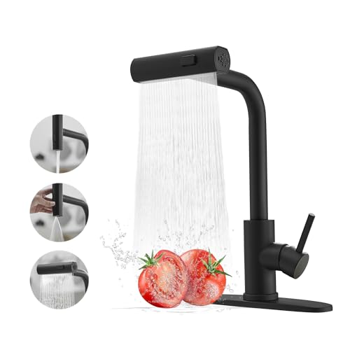 Kitchen Faucet with Pull Down Sprayer, 3 Function Waterfall Sink Faucet, Stainless Steel Utility Faucet, Single Handle for Kitchen Sink, Modern Design, Matte Black