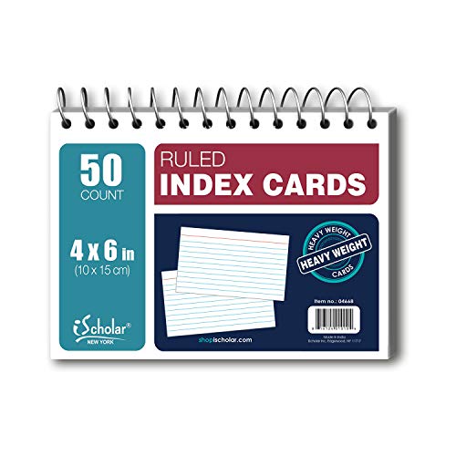 iScholar Wirebound Index Cards, White, Ruled, 4 x 6 Inches, 50 Card Pack (04668)