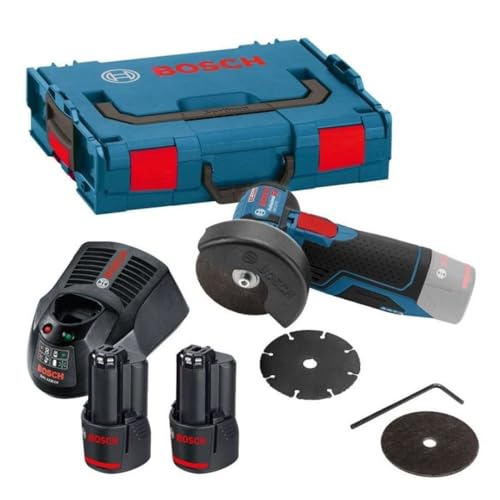 Bosch Professional 12V System Akku Winkelschleifer GWS 12V-76 (inkl. 2x 3.0Ah Akku, Schnellladegerät GAL 1230 CV, 1x Carbide Multi Wheel, 2x Trennscheibe Expert for Inox, L-BOXX2)