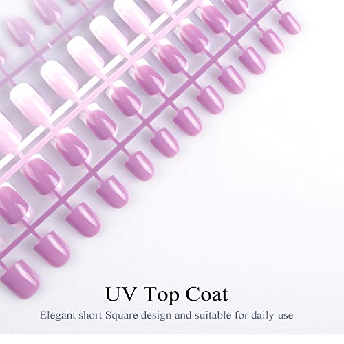 Siusio 96 Pcs Colorful Fake Nails, 4 Pack Lavender Violet Full Cover Square Short UV Coat Artificial Acrylic Nails - Pink Sunset - Thumbnail 5