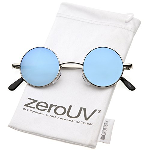 zeroUV - Retro Round Sunglasses for Men Women with Color Mirrored Lens John Lennon Glasses (Silver/Blue)