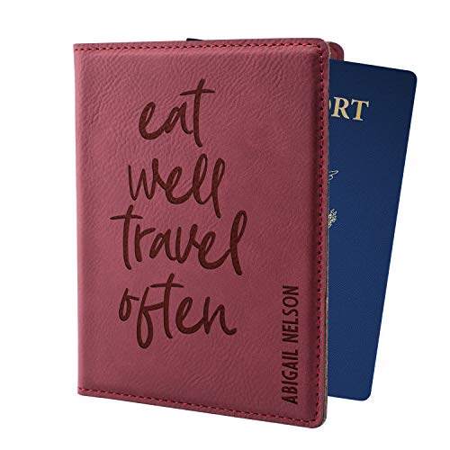 Personalized Passport Holder w Name and Quote - Custom Engraved Leather Passport Cover for Women and Men - Christmas Gifts for Travelers, Christmas, Honeymoon, Travel Gifts | Eat Well Travel Often