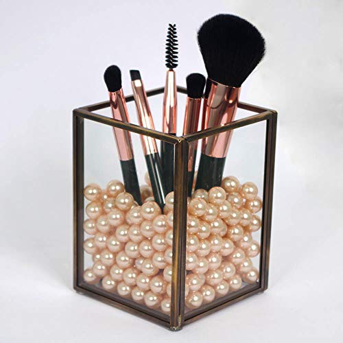 CANDIKO Glass Makeup Brush Holder Cosmetic Organizer Pen Cup Office Accessories Container Box with Pearl Beads – Small Antique Brass