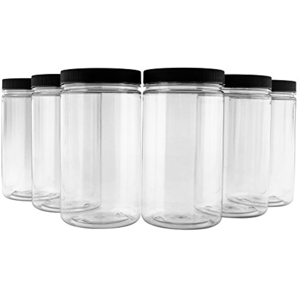 32oz Clear Plastic Jars Black Ribbed Lids (6 Pack) BPA Free PET Quart