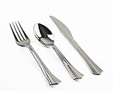 (150 Count) Heavy Duty Silver Plastic Cutlery Set - 50 Forks 50 Knives 50 Spoons - Quality Bulk Disposable or Reusable Fancy Plastic Silverware Perfect For Parties