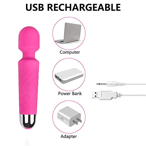 Handheld Personal Wand Massager Rechargeable with 8 Powerful Speeds 20 Vibration Modes, Cordless, Waterproof Massager for Muscle Aches Sports Recovery, Whisper Quiet - Pink