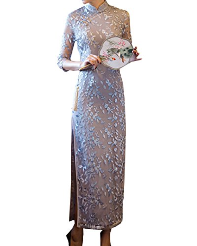 Women's Long Chinese Style Wedding Dress Lace Qipao Cheongsam Party Dress