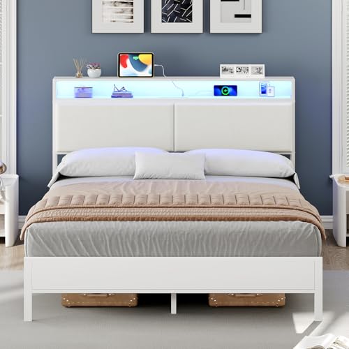 HOOBRO Full Bed Frame, Metal Platform Bed Frame with Charging Station and LED Light, Headboard with Shelves, No Box Springs Needed, White WT03UDBF01