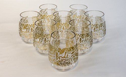 Bride Tribe Reusable Plastic Stemless Wine Glasses by Narwhal Party - Set of 8 Glasses is Perfect for Bachelorette Parties, Bridesmaid Gifts, and Bridal Party Favors