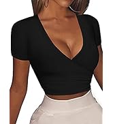 VETIOR Women's Sexy Crop Top Deep V Neck Short Sleeve Casual Workout Slim Fit Cross Wrap Shirts