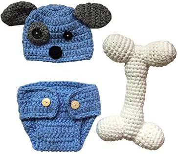 Ufraky Newborn Baby Photography Props Handmade Crochet Knit Blue Puppy Dog Hat Diaper with Dog Bone