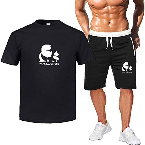 WEY Sports Shorts Karl Lagerfeld Cartoon Printed Sportswear Suit Casual T-Shirt Sweatpants 2-Pieces Set Fitness Running Clothes High-Quality Materials/Black/M