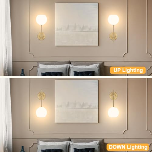 Juego de 2 Apliques de Pared LED Inalámbricos Dorados, Lámparas de Pared Recargables a Batería con Vidrio Esmerilado Blanco Opal, 12 RGB y 3 CCT Regulables, Control Remoto para Dormitorio y Salón