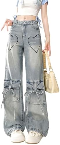 kakarin choyx Fashion High Waist Baggy Jeans Y2K Heart Pattern Tie