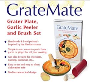 Garlic Grater Plate Set with Peeler and Brush for Grating Garlic, Ginger, Nuts, Chocolate. Handmade Original Design from Spain (Yellow Navy 3)