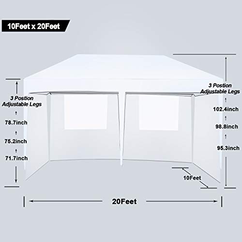 NSdirect 10 x 20 ft Pop Up Outdoor Canopy Tent,Heavy Duty Easy Portable Wedding Party Tent Carrying Bag Adjustable Folding Gazebo Pavilion Patio Shelter with 6 Removable Side Walls Tent,White - Thumbnail 4