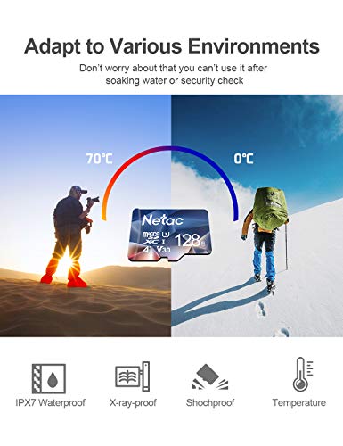 Netac 128GB Micro SD Card, MicroSDHC Memory Card UHS-I, 100/30MB/s(R/W), 667X, U3, A1, V30, 4K, C10, TF Card for Camera, Smartphone, Security System, Drone, Dash Cam, Gopro, Tablet, DSLRs