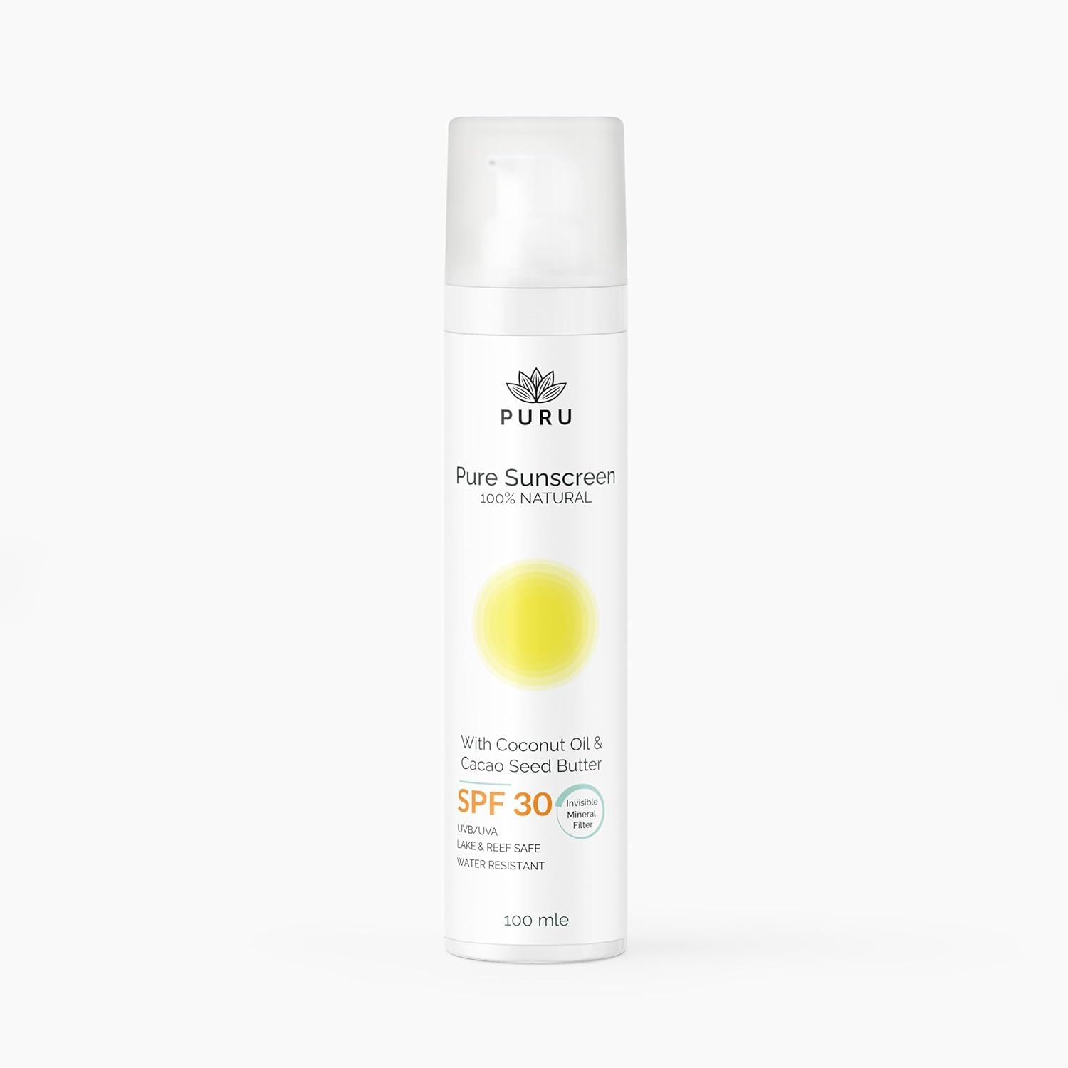 PURU | Pure Mineral Sunscreen SPF30-100% Natural, Only 7 Ingredients, Certified Organic, Water-Resistant, Zero White Cast, Hypoallergenic, UVA/UVB Protection - For Face & Body | 100ml