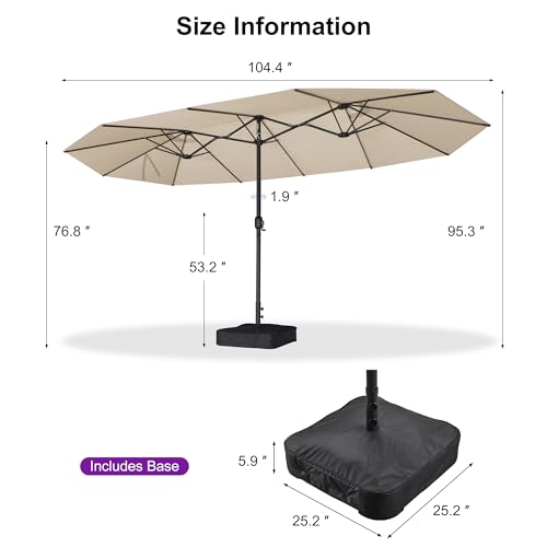 PURPLE LEAF 15ft Double-Sided Rectangle Patio Market Umbrella with Base, Crank Lift, 12 Black Heavy-Duty Ribs – Outdoor Sunshade for Pool, Beach, Deck, and Backyard Beige