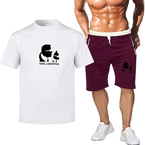 WEY Sports Shorts Karl Lagerfeld Cartoon Printed Sportswear Suit Casual T-Shirt Sweatpants 2-Pieces Set Fitness Running Clothes Unisex/White/XL