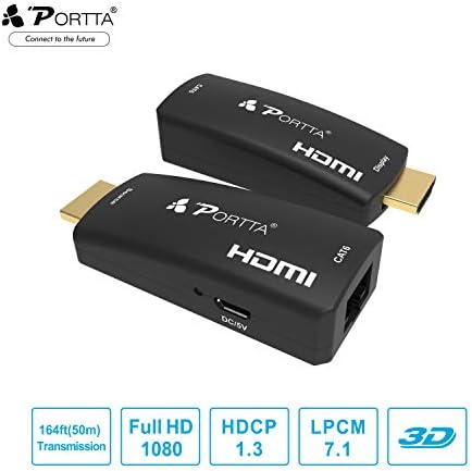 Portta Mini HDMI Extender Extension 50m(164ft) over Single CAT6 Cable Lossless Transmission Support Full HD 3D 1080p Micro USB-Powered No Extra HDMI Cable Needed HDMI Sender and Receiver plug and play