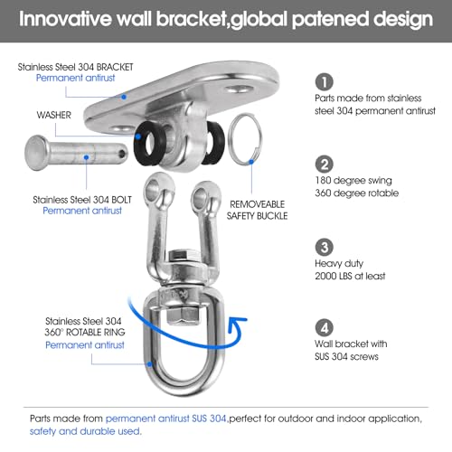 2Pcs2000 lbs Load Capacity 304 Stainless Steel Swing Bracket Porch Swing Hanging Kit 180°C Front and Back Rotation & 360°C Rotation for Swing Set Accessories, Playground, Yoga Hammock, and More
