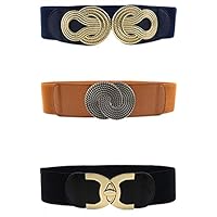 Womens Stretch Belt Skinny Waist Cinch Belt Retro Elastic Metal Buckle Waist Belt for Ladies Girl 3-Pack (Fits Waist 26"-37", 3 Color)