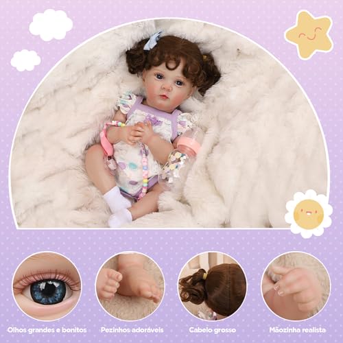 Bebê Reborn Boneca Menina Corpo de Silicone 48cm Olhos Azuis Pode Dar Banho Criança Presente