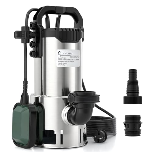 LANCHEZ Stainless Steel Submersible Dirty Water Pump 1100 W, 20,000 l/h, Discharge Head 11 m, Max Permeable Particle Size: 3.5 cm, Adjustable Float Switch, Thermal Protection, for Pool, Chuck, Garden