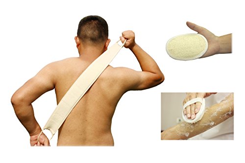 Loofah Exfoliating Back Scrubber For Shower, Double Side Scrubbing Strap, Body Bath Sponge with 100% Natural Luffa, Back Washer for Men and Women