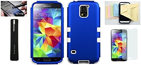 [Blue White] Samsun Galaxy S5 Phone Protective [Heavy Duty] Armor Hybrid Two Layer Cover Travel Case with Momiji® [Screen Guard] Protector, Stylus Pen, Cleaning Cloth for [Galaxy S5]