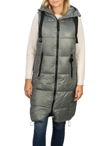 Denimfy Steppweste Damen Lang Mit Kapuze Regular Fit Dfcaro Weste Knielang Outdoor Reißverschluss Taschen Herbst Winter Grün S, Größe:s, Farbe:agave Green
