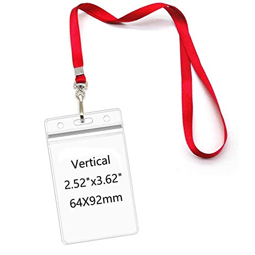 Name tag Badge Holders with Neck Red Lanyard Swivel J-Hook Clip Waterproof Nametags Protectors Nurse School Kids 50 Pack (Vertical)