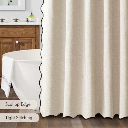 MIULEE Beige Scalloped Shower Curtain Linen Textured with 12 Metal Hooks Cute Heavy Duty Washable Waterproof Neutral Thick Cloth Shower Curtains with Black Border for Bathroom Bathtub,W72*L72 Cream